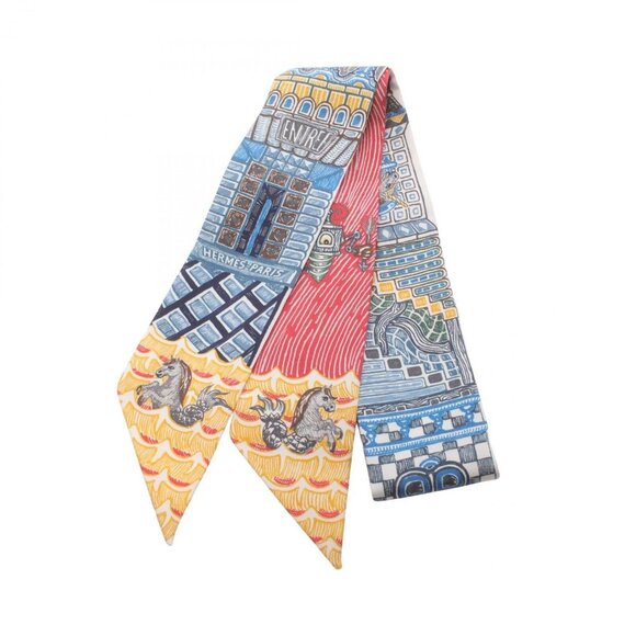 HERMES Twilly SUPER SILK QUEST Scarf H064011S silk Blue Red Yellow Used Women - Picture 1 of 6